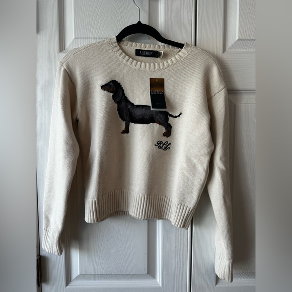 Lauren Ralph Lauren Dachshund Dog Intarsia Sweater Cream Petite Medium